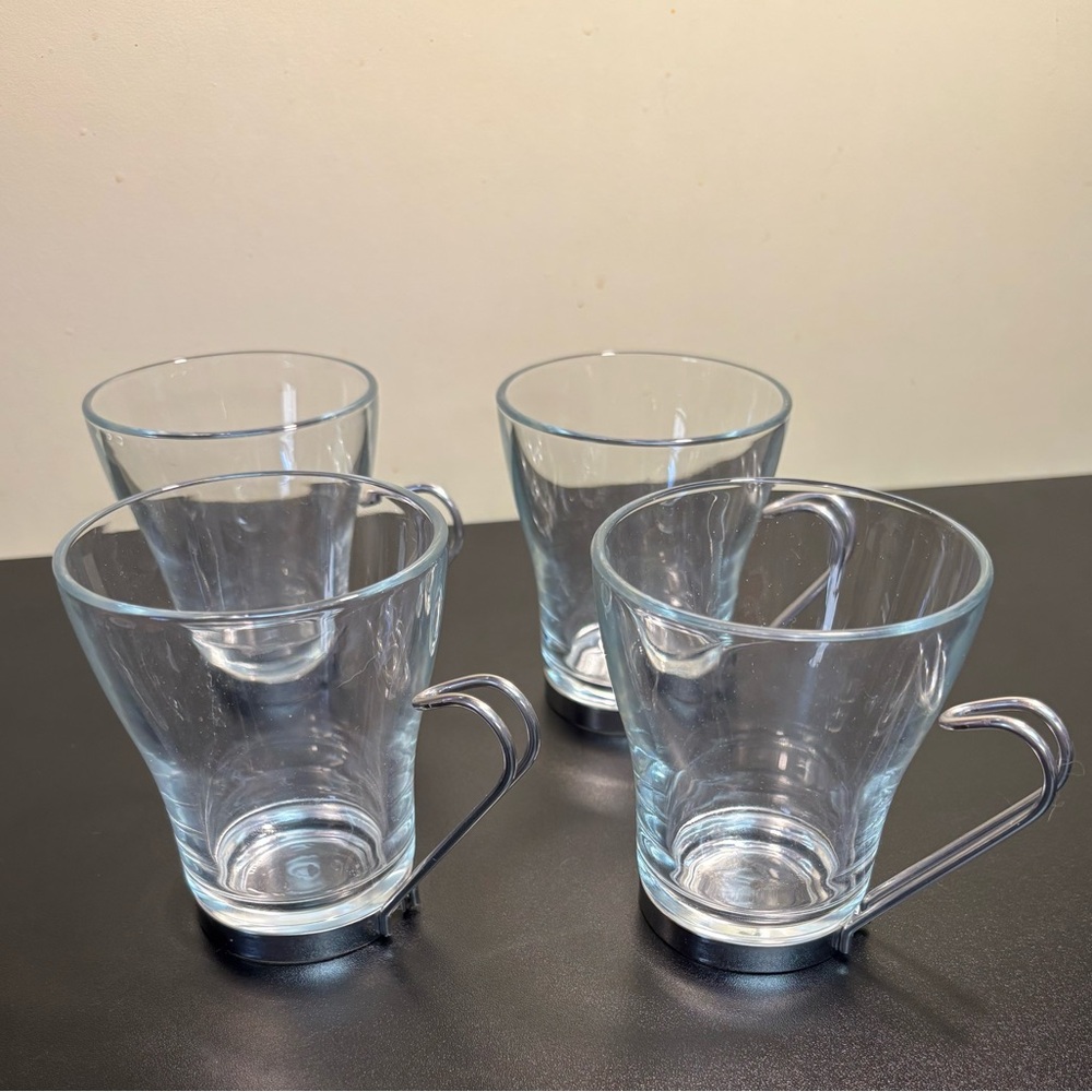 VITROSAX Italy Vintage  Lot of 4 Clear Glass Chrome Holder Coffee Cup Mugs